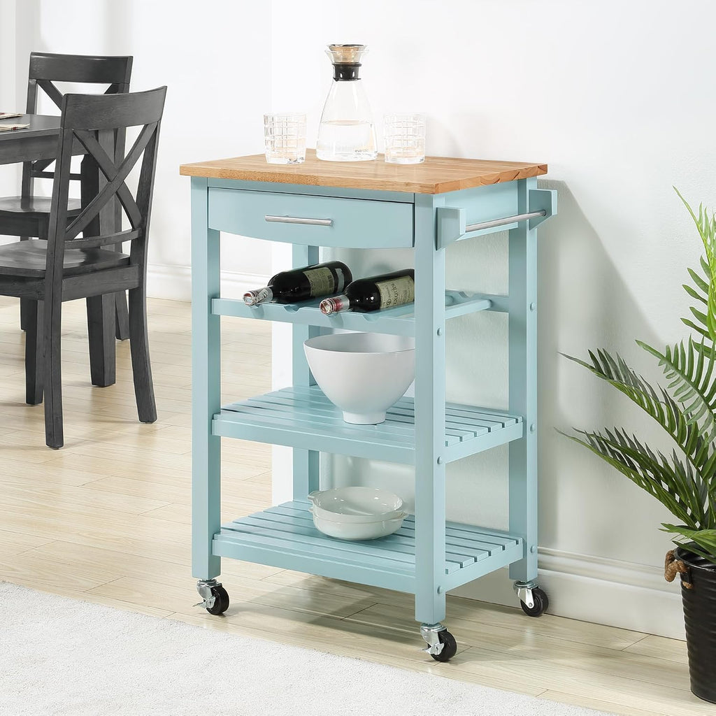 Seafoam Block Top Rolling Kitchen Cart