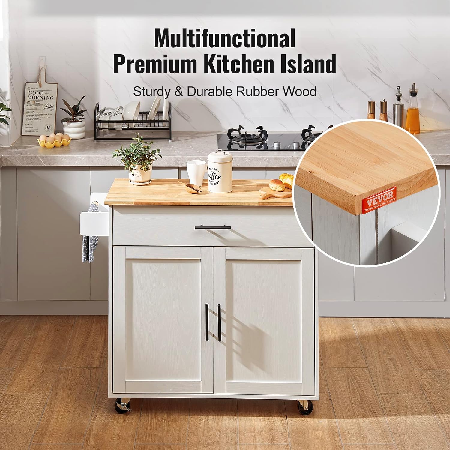 White Wood Top Rolling Kitchen Cart