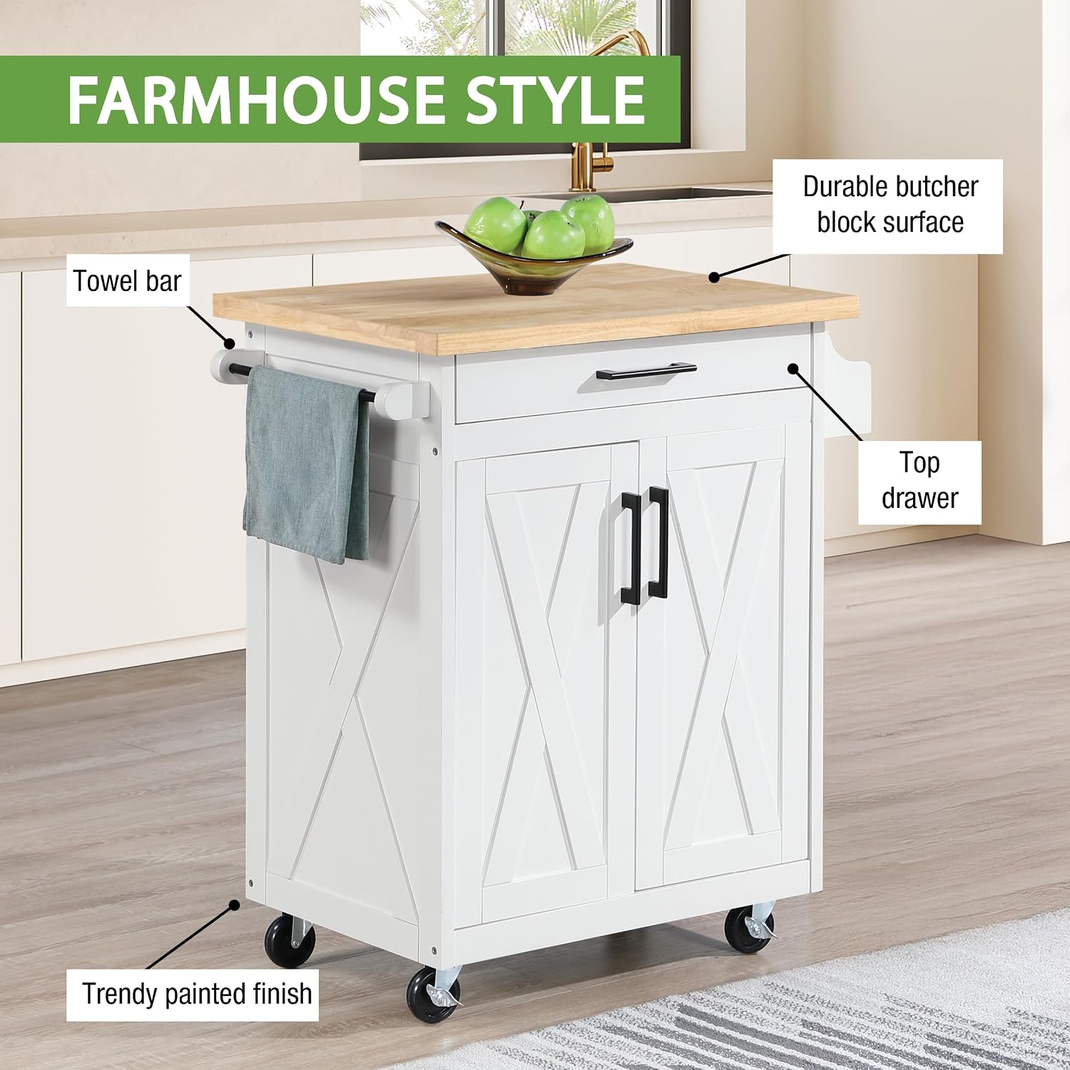 White Farm Style Rolling Kitchen Cart