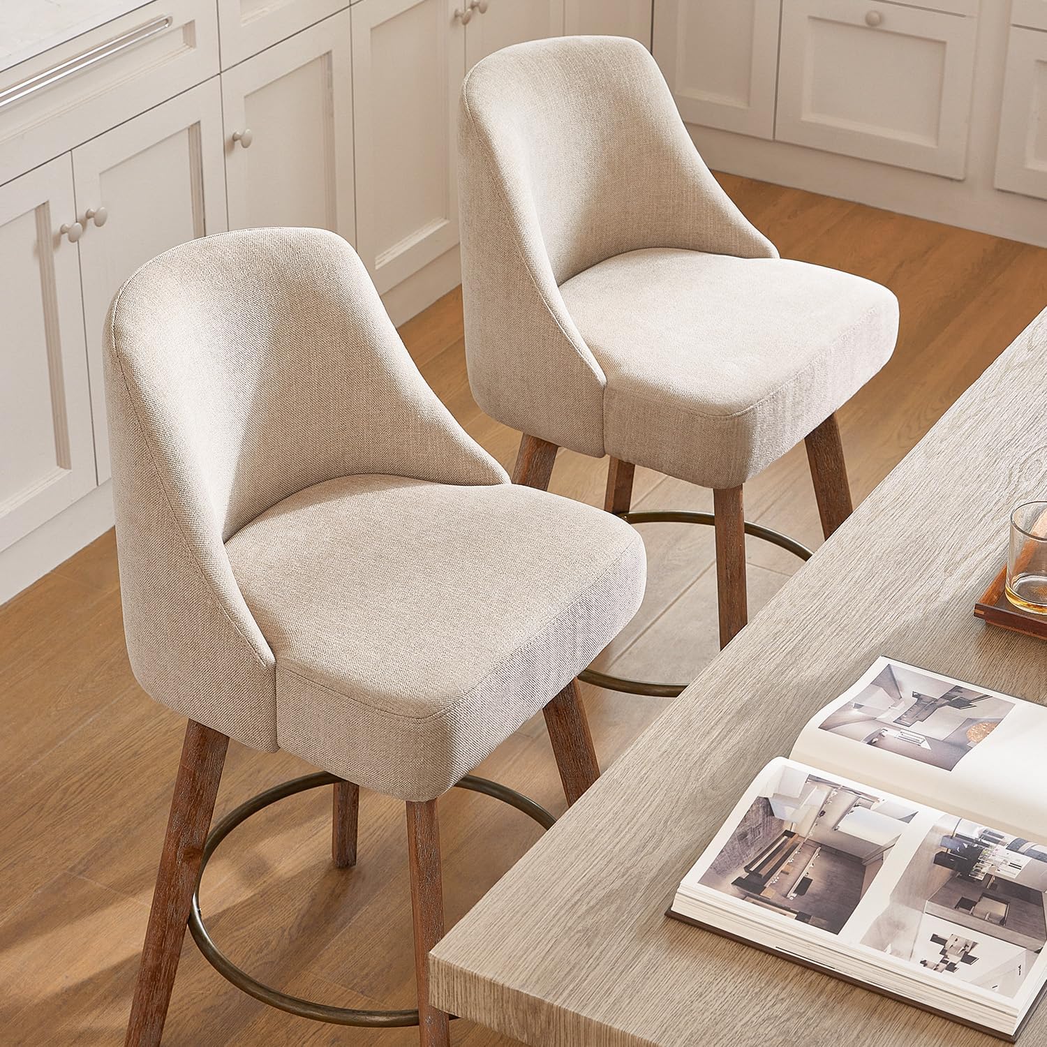 Two Sand Linen 360 Swivel Bar Stools