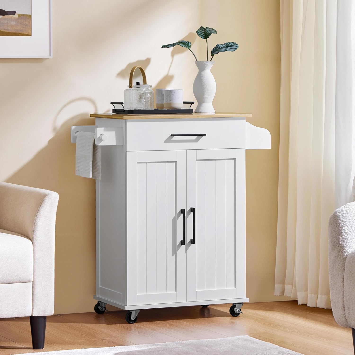 White Wood Top Rolling Kitchen Cart