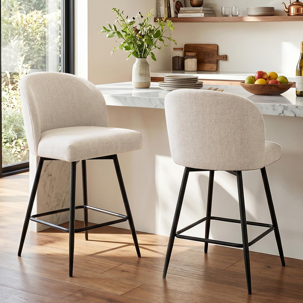 Two Beige Linen Swivel Counter Bar Stools