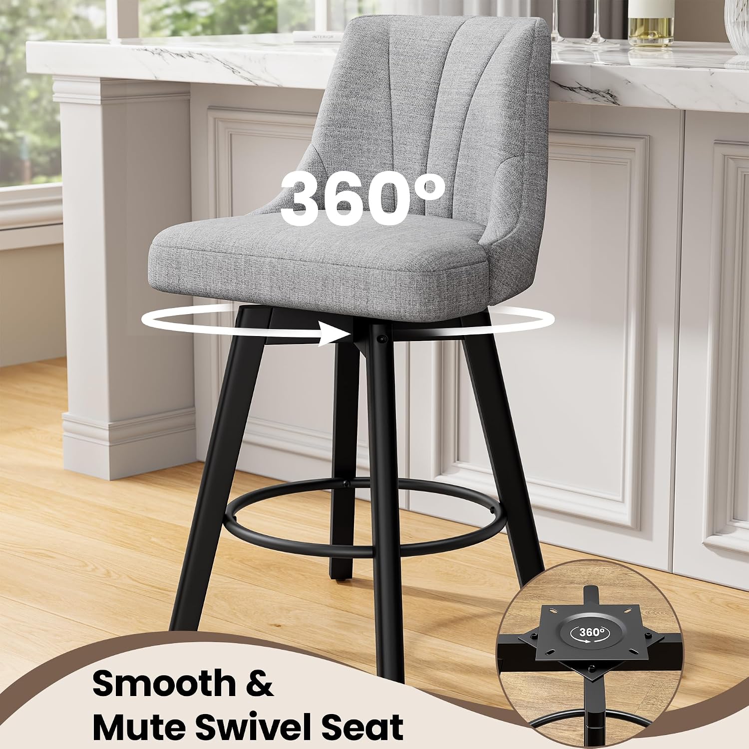Four Gray Fabric Swivel Counter Stools