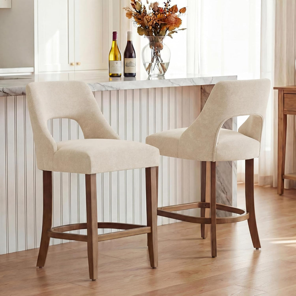 Four Beige Wood Leg Upholstered Bar Stools