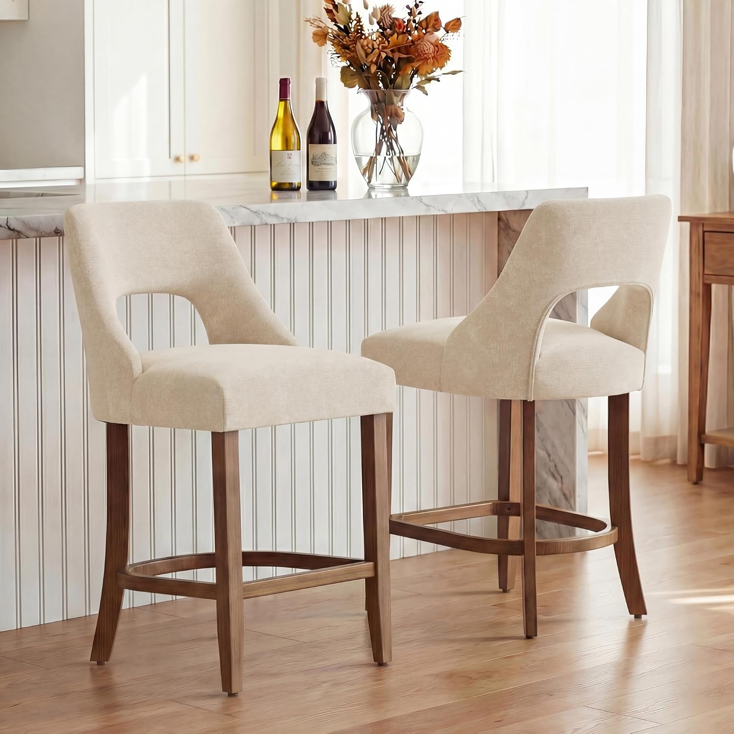 Four Beige Wood Leg Upholstered Bar Stools