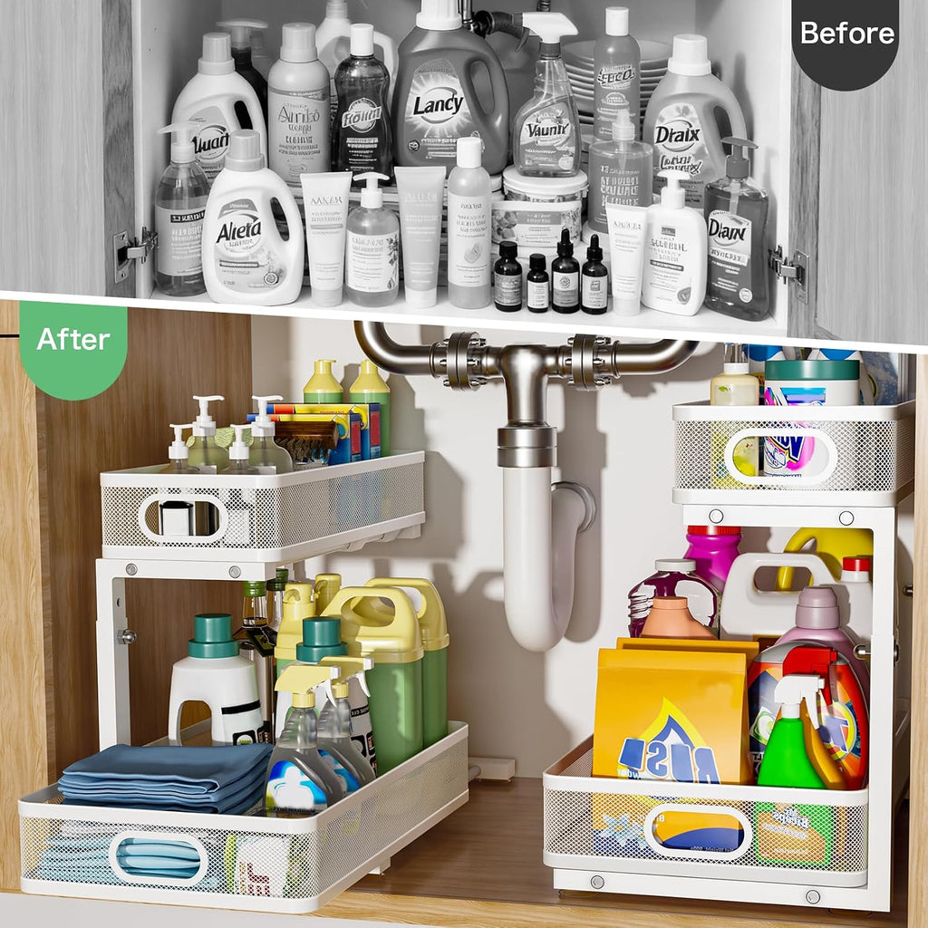 White Two-Tier Adjustable Sliding Storage Rack