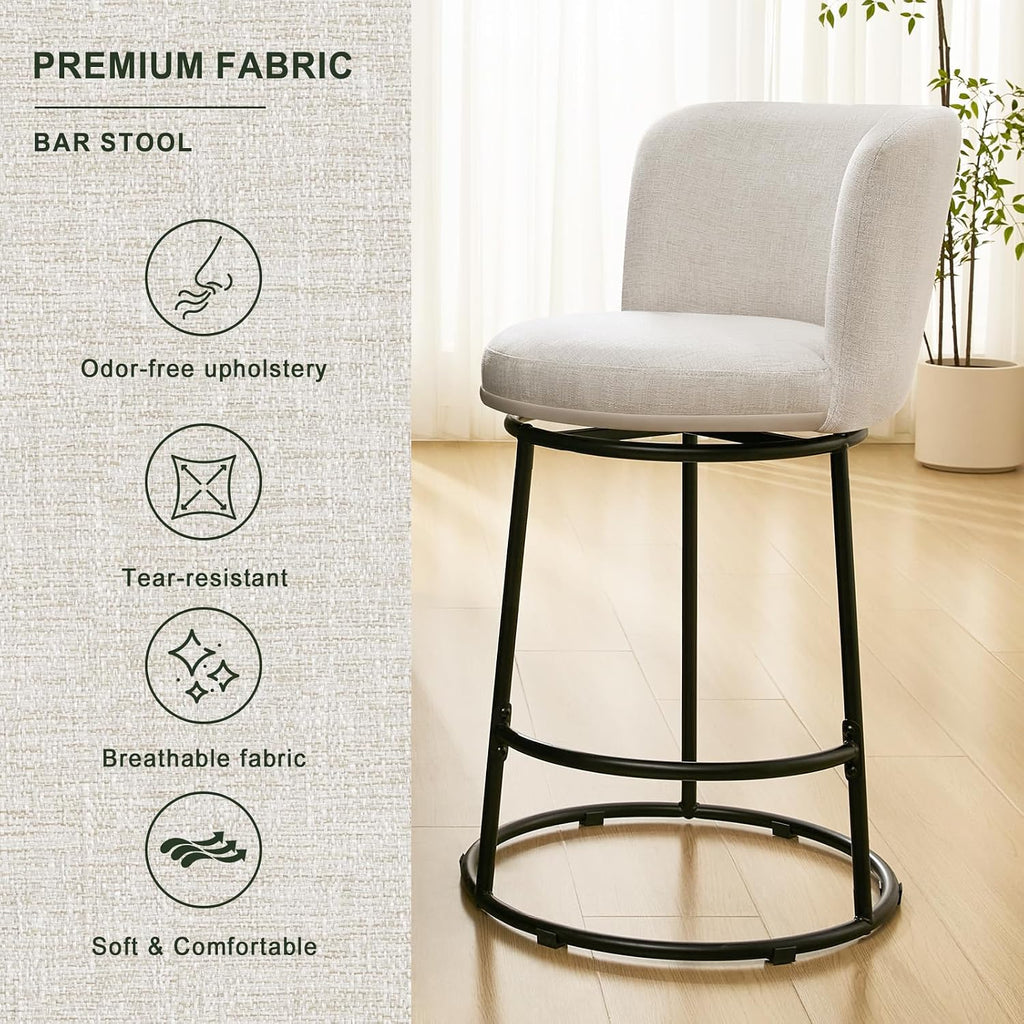 Three Beige Fabric Swivel Counter Stools