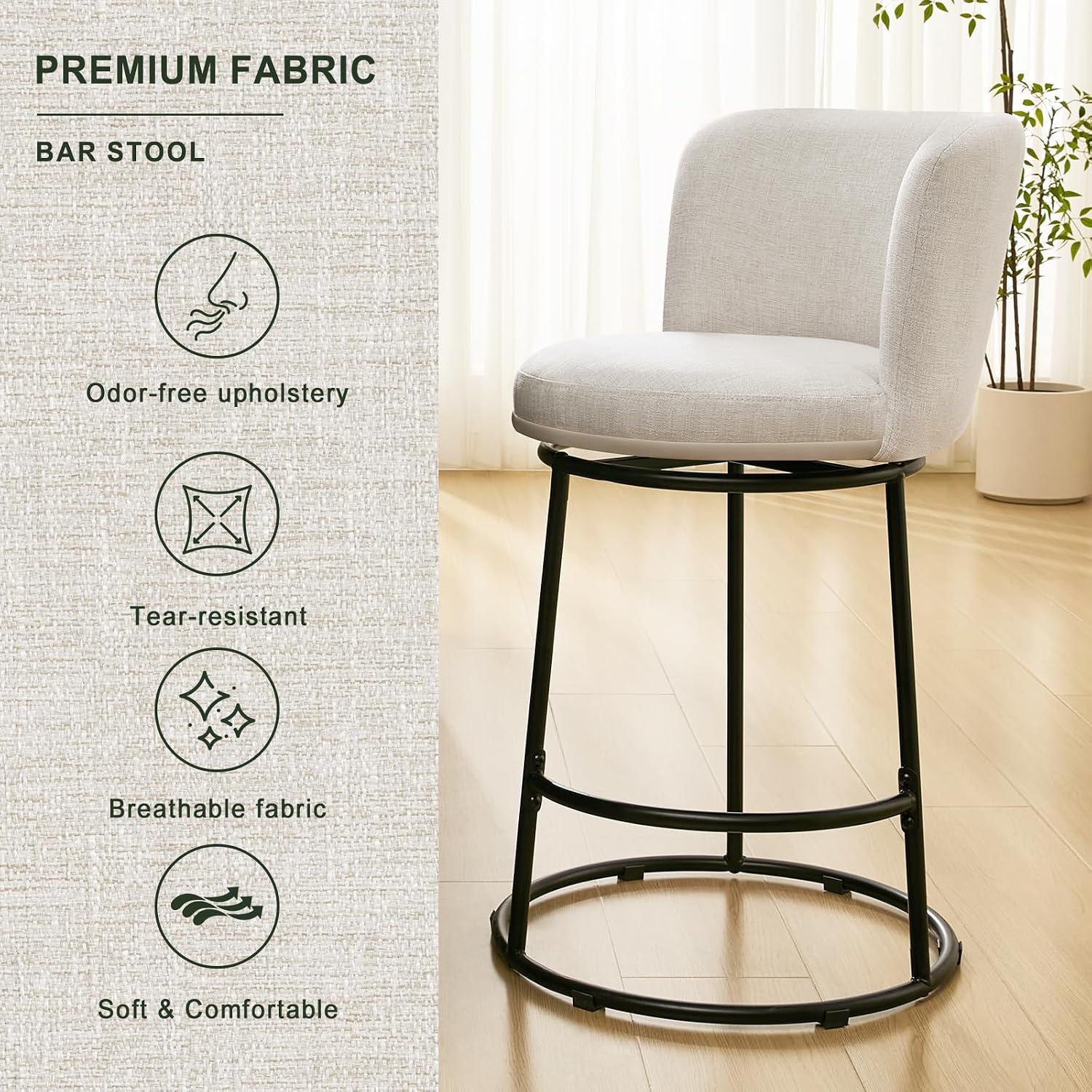 Three Beige Fabric Swivel Counter Stools