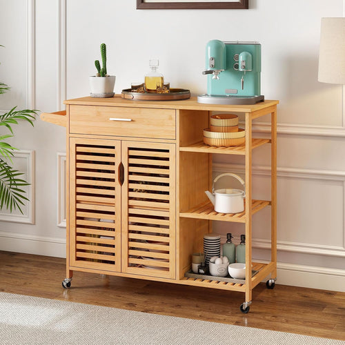 Bamboo Rolling Block Top Kitchen Cart