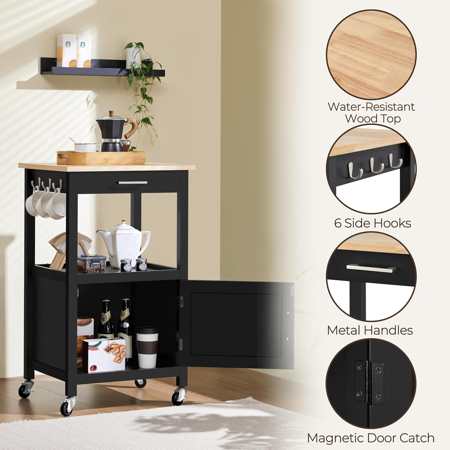 Black Wood Top Rolling Kitchen Cart