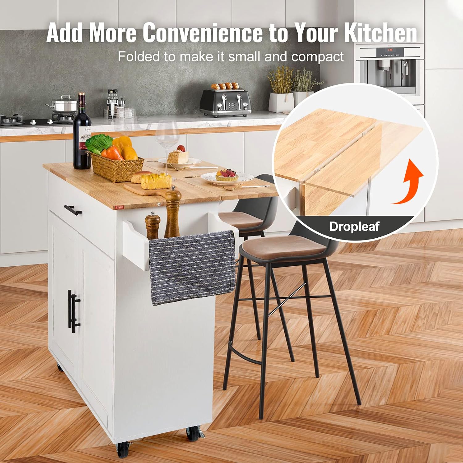 White Wood Top Rolling Kitchen Cart