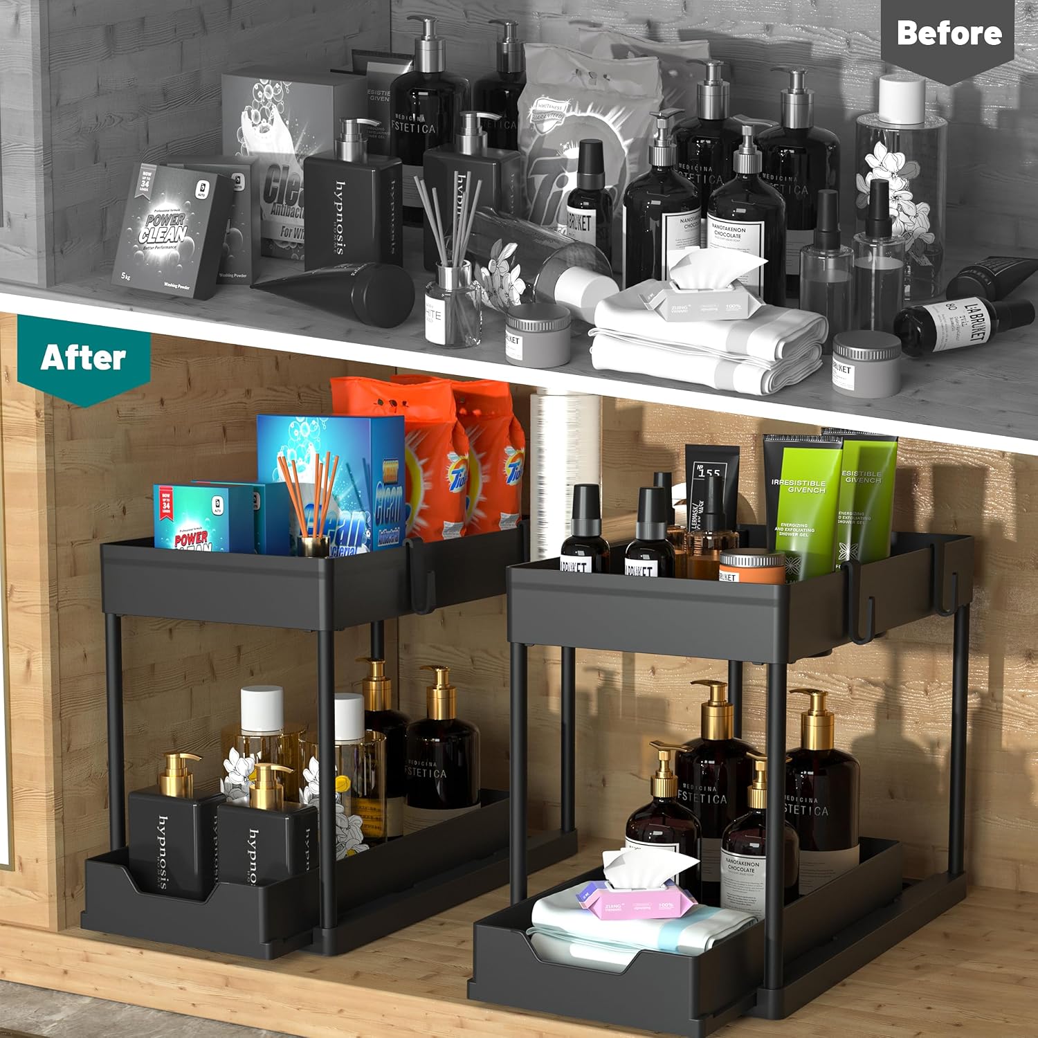 Two Pack 2 Tier Sliding Under Sink Organizer
