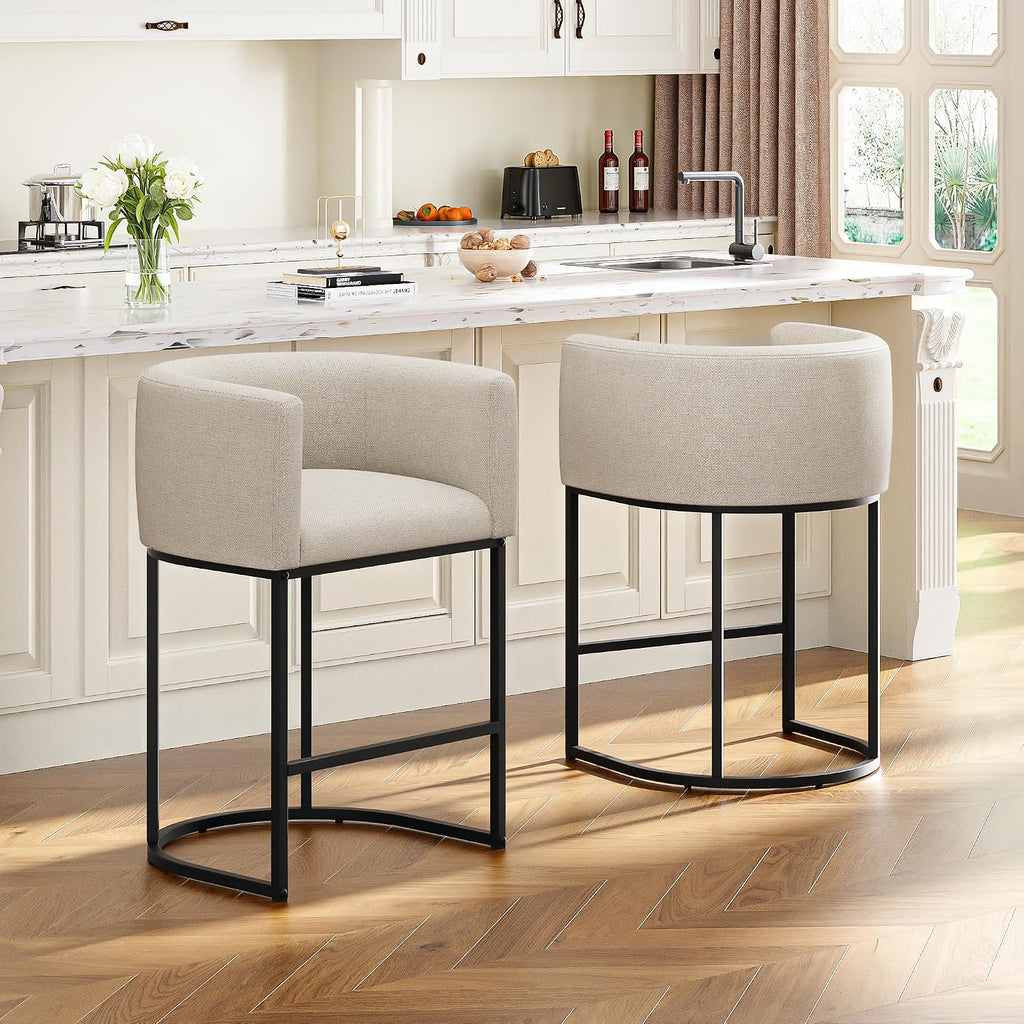 Two Beige Linen Barrel Counter Stools