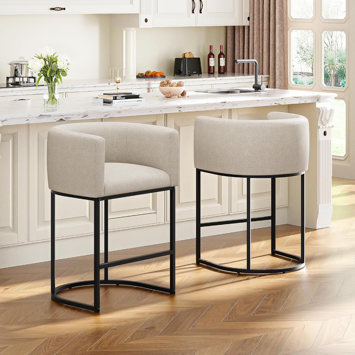 Two Beige Linen Barrel Counter Stools