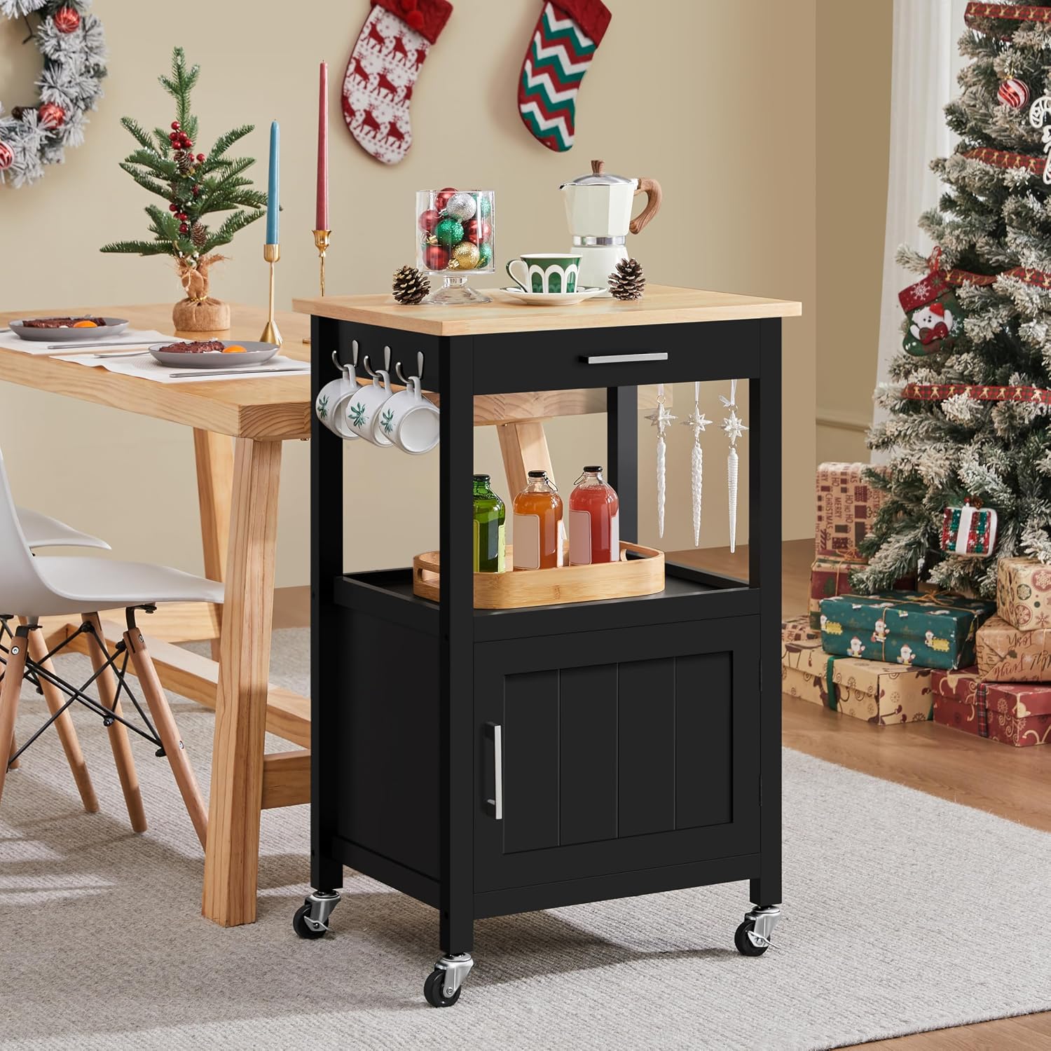 Black Wood Top Rolling Kitchen Cart